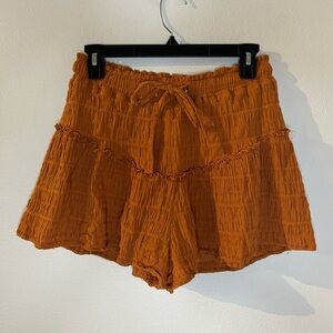 Bacio Tiered Flowy Ruffle Shorts Drawstring Elastic Waist Lined Rust Size S
